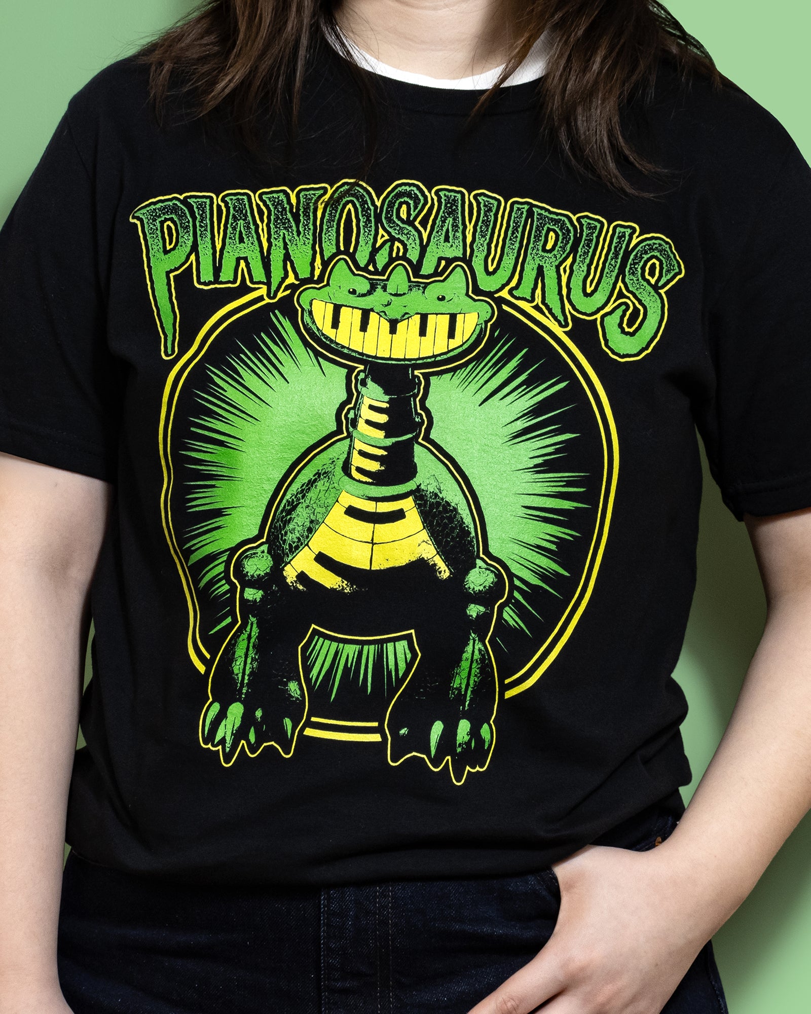 Pianosaurus Black Cotton T-Shirt for Men, Women & Kids