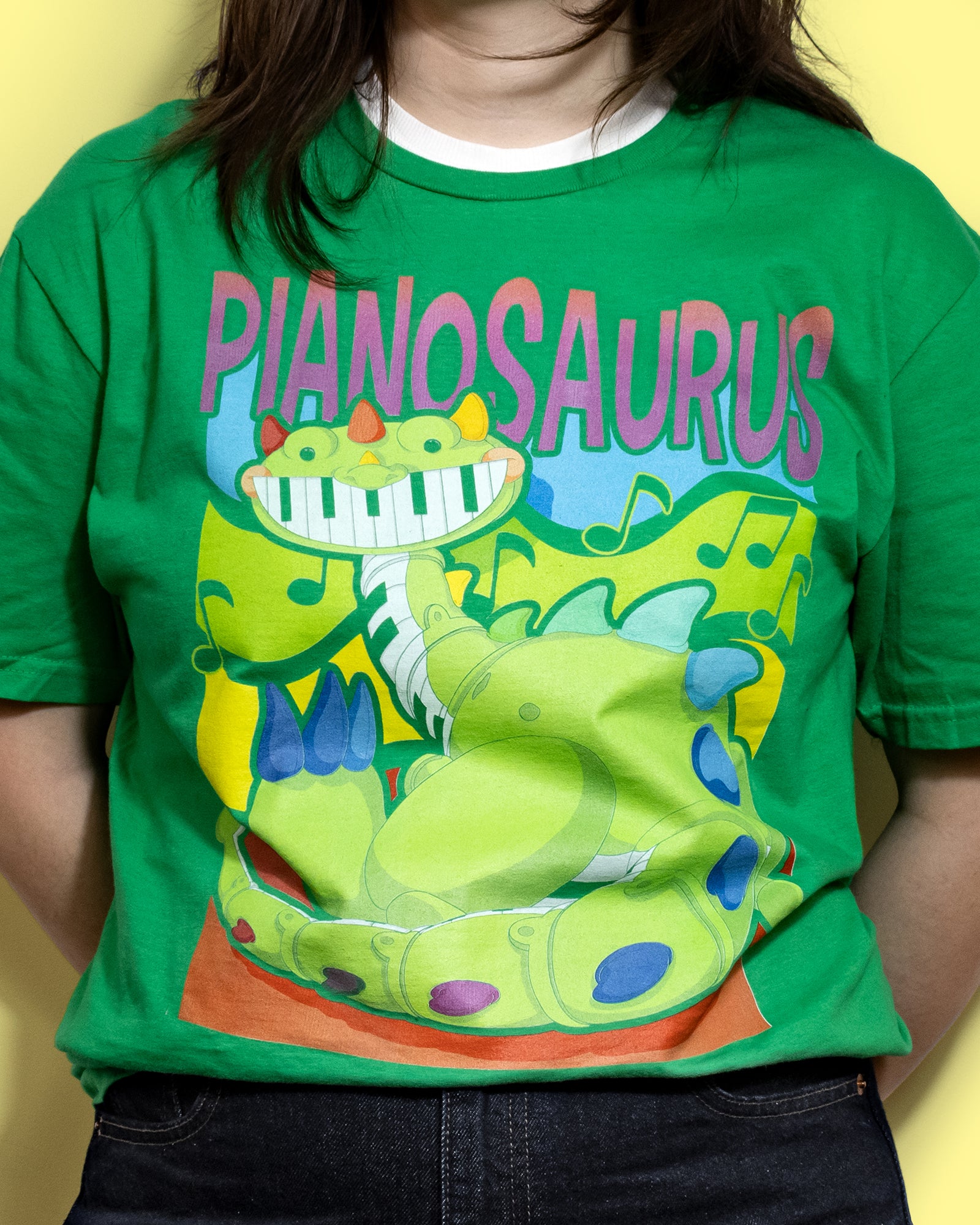 Pianosaurus Green Cotton T-Shirt for Men, Women & Kids